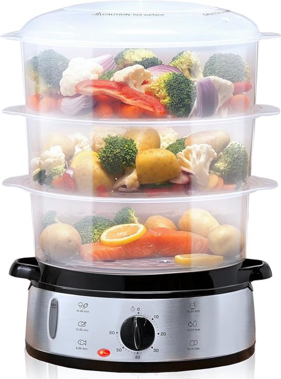 Stoompot - Stoomkoker - Stomer - 3 Lagen - 9 liter - Timer - 800 Watt - Gezond - Incl. Rijst Stoommandje - RVS