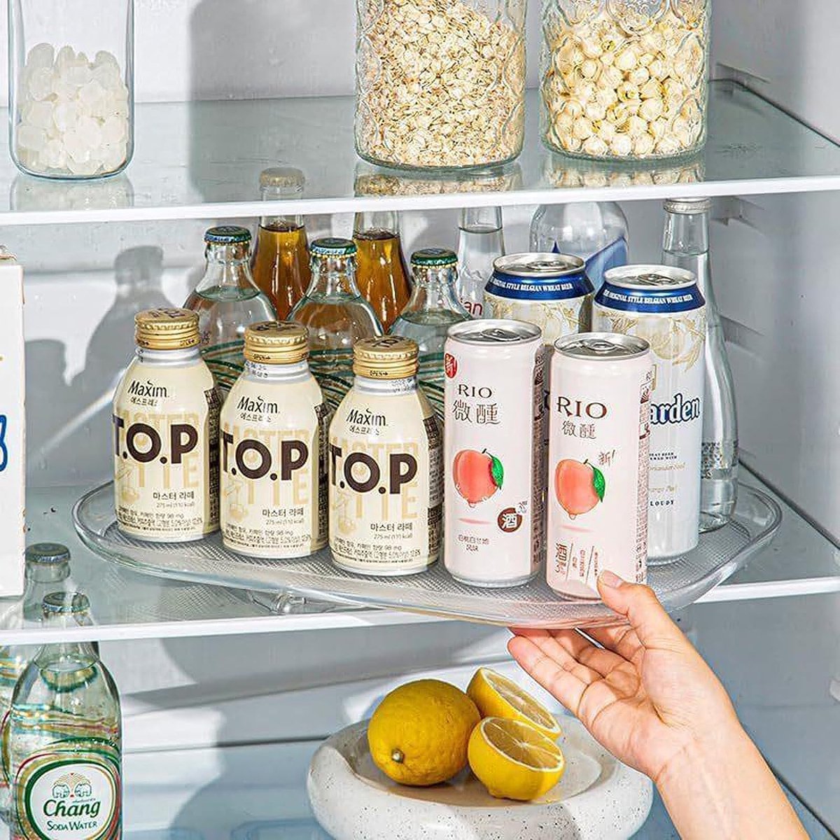 Draaiplateau, organizer, draaibaar kruidenrek, organizer met antislip, draaiplateau, koelkast, rechthoekig, transparant, voor kast, eetkamer, keuken, werkblad