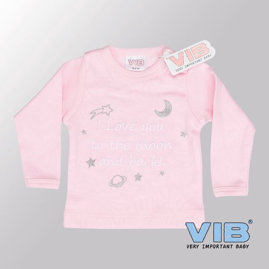 VIB® - Baby T-Shirt I Love You to the Moon and Back (Roze)-(0-3 mnd) - Babykleertjes - Baby cadeau