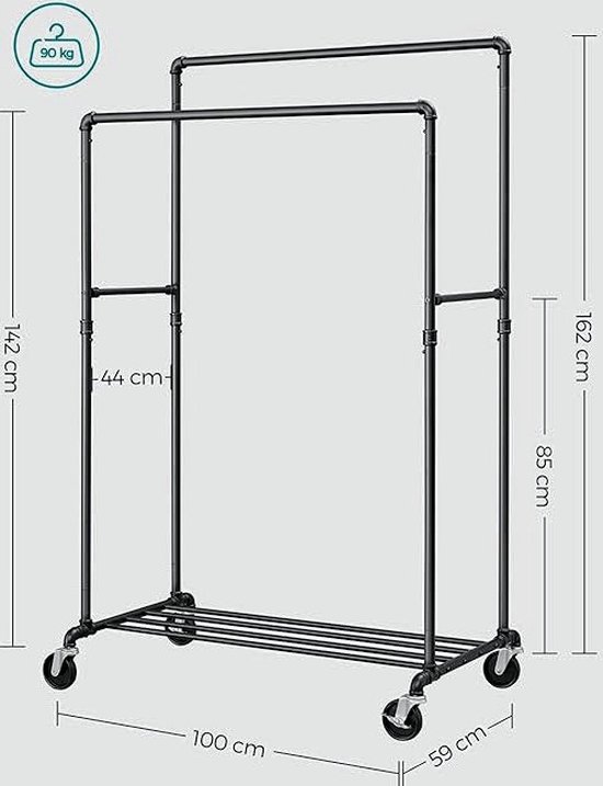 Kledingrek, voor zware lasten, tot 110 kg belastbaar, industrieel design, mobiele garderobestandaard met 2 kledingstangen