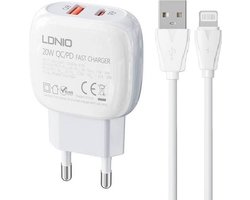 LDNIO - A2313C - Snel opladen - Type-C PD / QC3.0 - Oplader 20W - Inclusief Geschikt voor: Lightning oplaadkabel - Geschikt voor : Apple iPhone - X / Xs / Xs Max / 11 / 12 Pro / 12 Pro Max / 13 / 13 Pro / 13 Pro Max / 14 / 14 Pro / 14 Pro Max