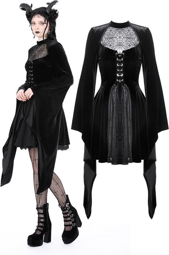 Dark in Love - Robe courte gothique en toile d'araignée poitrine sexy manches larges en velours - XXL - Zwart