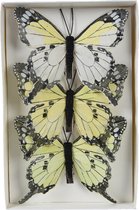 Decoris decoratie vlinders op clip - 3x - lichtgeel - 12 x 8 cm - hobbydecoratieobject