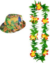 Ensemble d'habillage de party à thème Hawaï - Chapeau imprimé Tropical - couronne de fleurs vert/jaune - Toppers Tropical - pour adultes