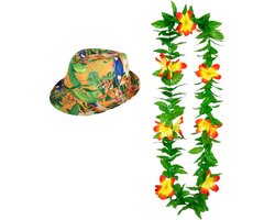 Hawaii thema party verkleedset - Hoedje Tropical print - bloemenkrans groen/geel - Tropical toppers - voor volwassenen