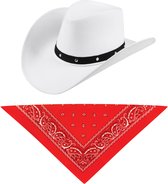 Carnaval verkleedset cowboyhoed Billy Boy - wit - met rode hals zakdoek - voor volwassenen