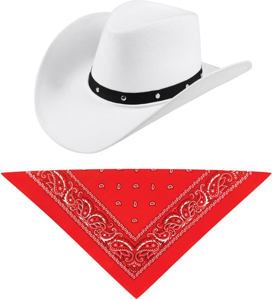 Ensemble de costumes de carnaval chapeau de cowboy Billy Boy - blanc - avec mouchoir rouge - pour adultes