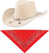 Carnaval verkleedset cowboyhoed Django - creme wit - met rode hals zakdoek - voor volwassenen