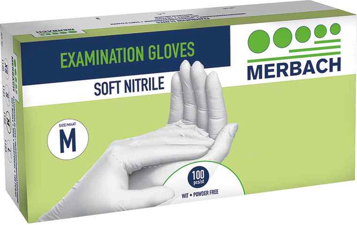 Goedkoopste Voordeelverpakking 4 X Merbach handschoenen soft-nitrile poedervrij, wit - Medium 100 stuks
