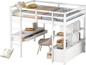 Merax Hoogslaper 140x200 - Kinderbed met Bureau en Opbergruimte - Bed voor Kinderen - Wit