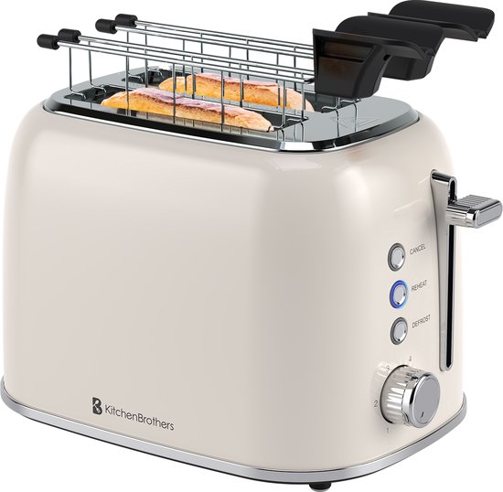 KitchenBrothers Broodrooster met Tostiklemmen - Toaster - 6 Warmteniveaus - Brede Sleuven - Broodrooster - 870W - Beige