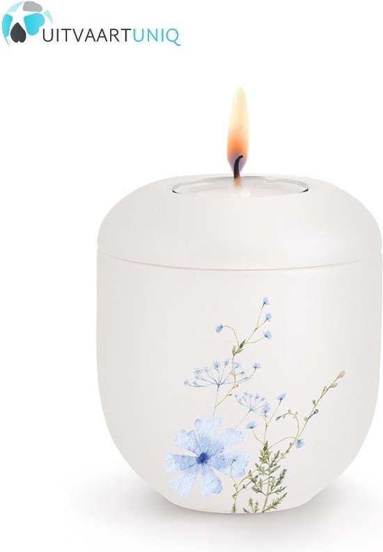 Mini Urn wit bloemenweide blauw - met lichtje