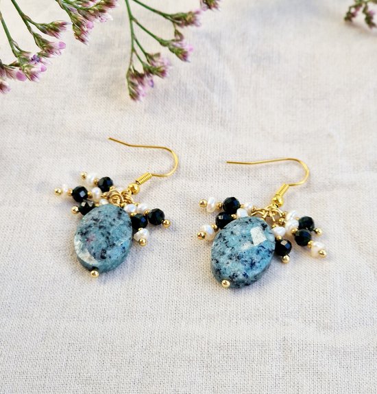 Boucles d'oreilles dorées avec pierre naturelle - Jaspe bleu tacheté - Grès vert - Perles d'eau douce - Acier inoxydable Premium - Boucles d'oreilles femme