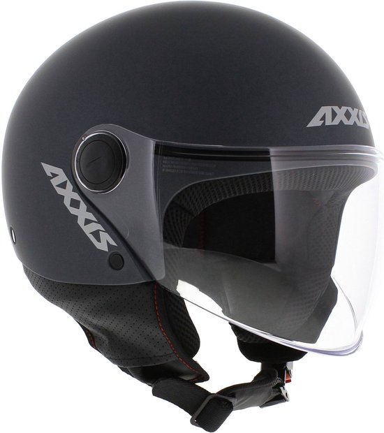 Casque Axxis gris mat avec visière transparente, logo argenté et surpiqûres orange.