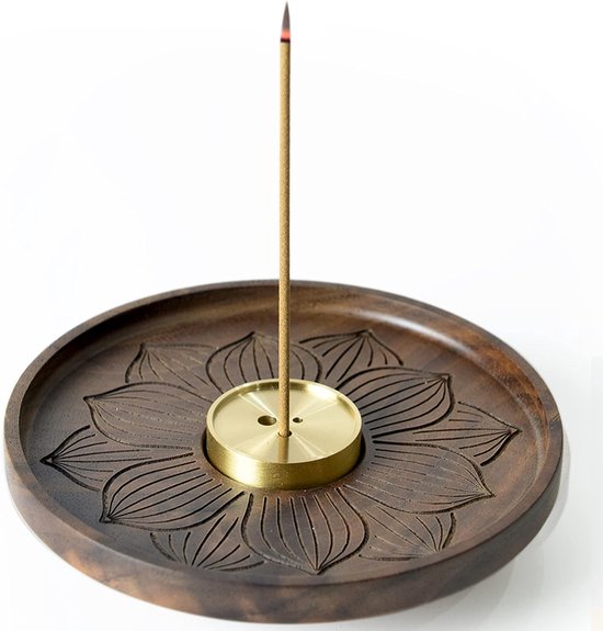 Houten Lotus wierookhouder, handgemaakte wierookbrander met asopvangbak, ideaal voor huisdecoratie, meditatie en yoga