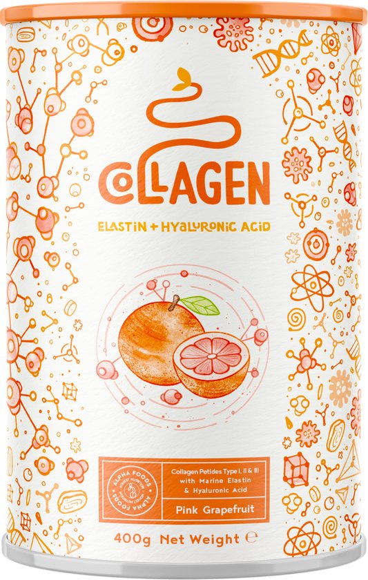 Alpha Foods Collageen poeder met Hyaluronzuur & Elastine - Collagen peptides type 1, 2 en 3 van weidebouw, Collagen drink zonder toevoegingen, Collageen supplement van 400 gram voor 26 shakes of porties, met Pompelmoes smaak