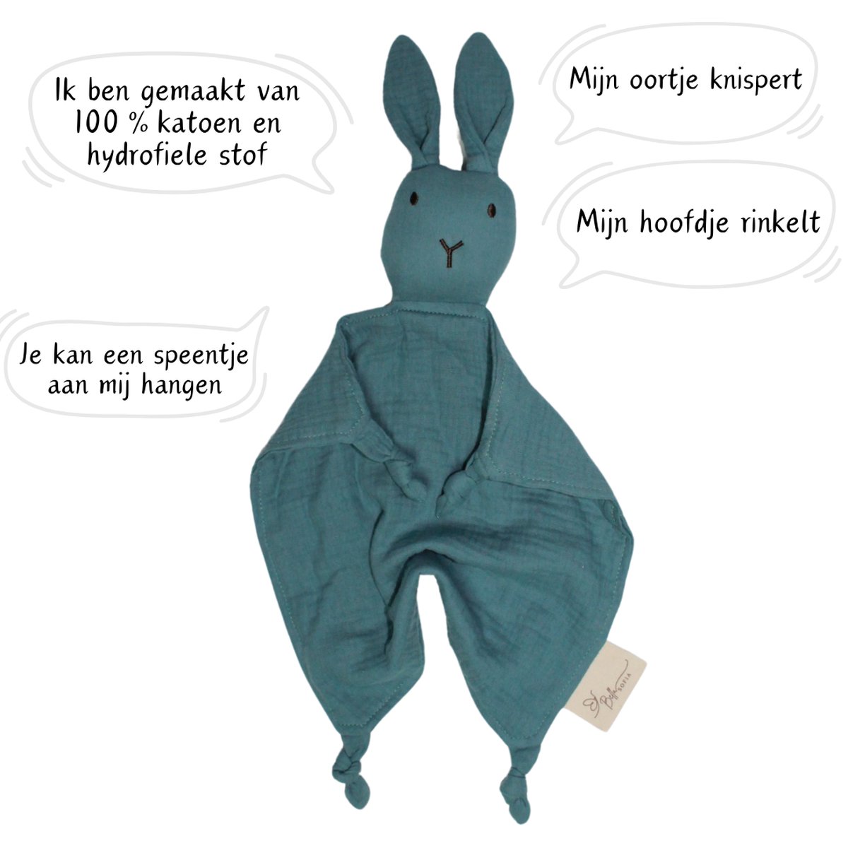 Bella Sofia® - Soof het Knuffelkonijn – Knuffeldoekje Blauw – Biologisch Katoenen Hydrofiel Speendoekje – Perfect Kraamcadeau – Babyshower Cadeau – Veilig Baby Speelgoed — afbeelding 4