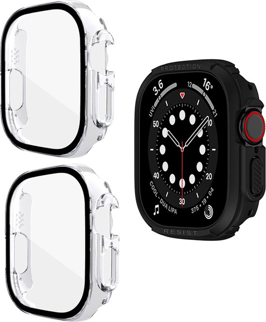 Luxe Full Cover Screen Protector Bumper Set Geschikt Voor Apple Watch Ultra 49mm - Bescherm Hoesje Glas 360 Graden Screen protector - 2 Stuks - Transparant