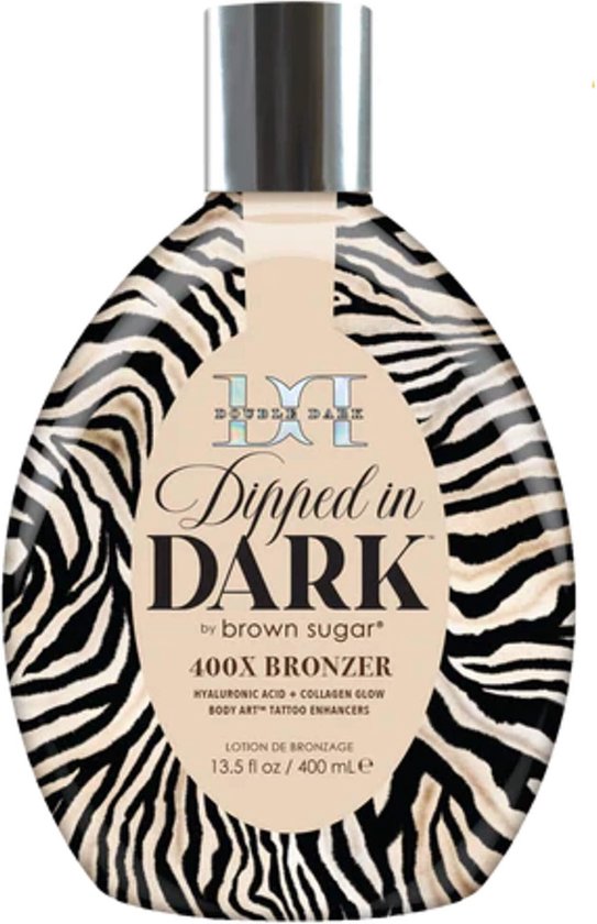 Bruine suiker Double Dark Dipped in Dark 400X bronzer lotion met zebraprint.