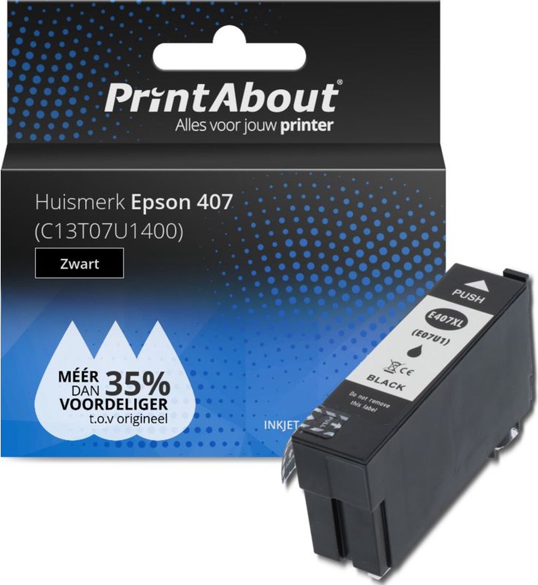 PrintAbout huismerk Inktcartridge 407 (C13T07U1400) Zwart geschikt voor Epson