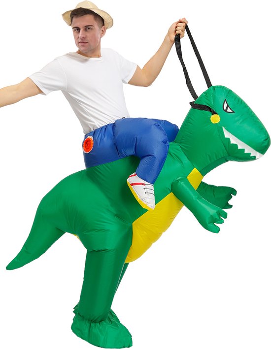 KIMU® Opblaas Kostuum Rijdend Op Groene Draak Opblaasbaar Pak