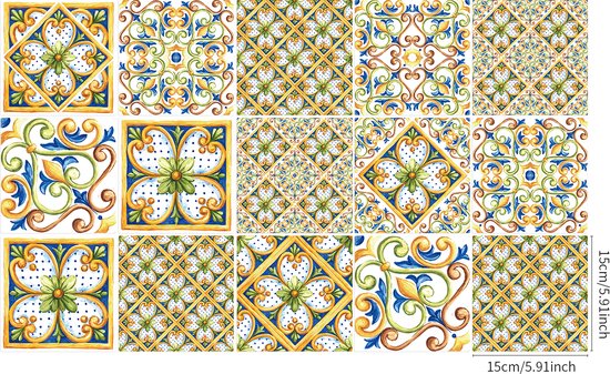 Ulticool Décoration Autocollant carrelages - Folklore Bloem Verte Ornement - Film pour Meubles - 15x15 cm - 15 pièces Film adhésif Autocollants pour carrelage d'armoire de cuisine Autocollants pour meubles - Autocollant - Salle de bain - Cuisine