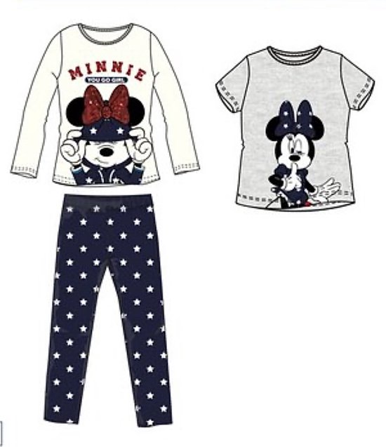 Disney Minnie Mouse Pyjama Set - 3-Delig - Broek + 2 Shirts - Glitterprint - Maat 122/128 - 126 cm Lichaamslengte