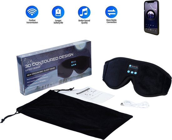 Foto: Eramic slaapmasker koptelefoon bluetooth oogmasker slaap vrouwen kinderen mannen hoofdband draadloos sleepphones zijde sleeping met speakers verduitsterend spons speaker zwart