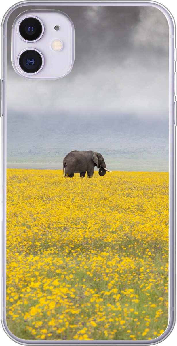 Telefoonhoesje Geschikt voor iPhone 11 hoesje - Olifant - Bloemen - Natuur - Geel - Dieren - Siliconen Telefoonhoesje Telefoonhoesje