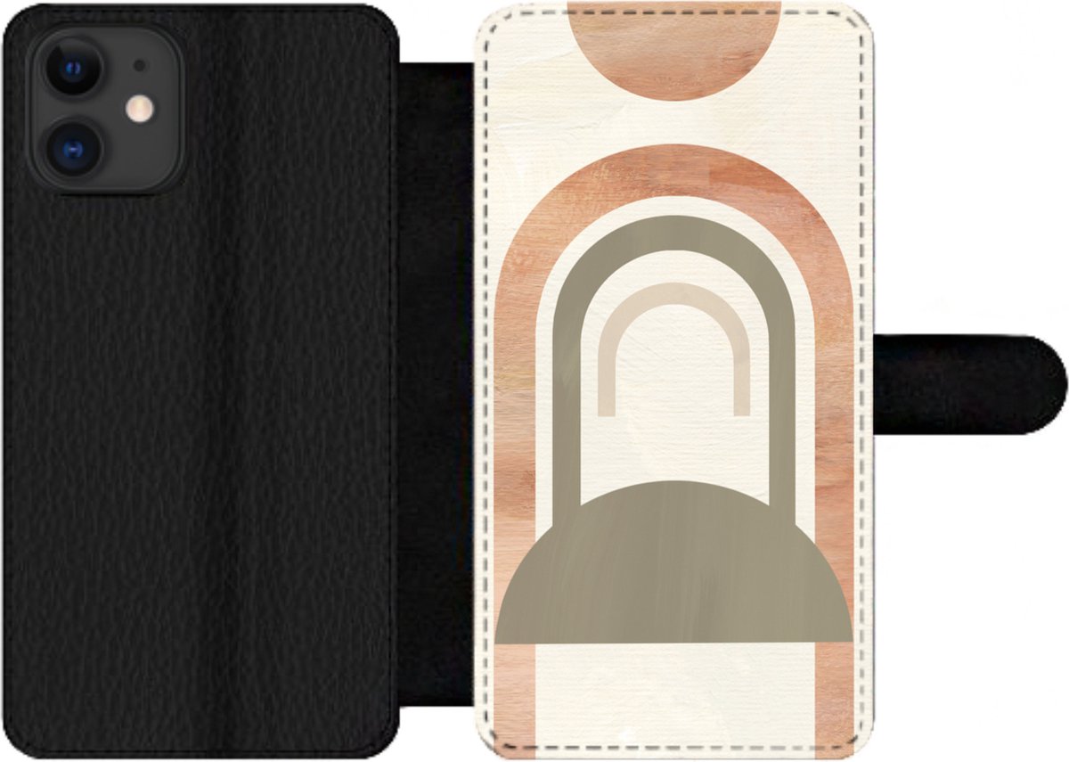 Telefoonhoesje Geschikt voor iPhone 12 Pro telefoonhoesje - Roze - Groen - Abstract - Met vakjes - Wallet case met magneetsluiting