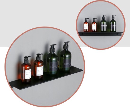 Zwarte metalen wandplank met zeepdispensers in bruine en groene flessen.