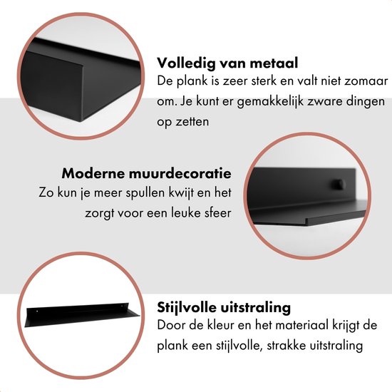 Zwarte metalen wandplank, stevig en stijlvol. Past bij moderne interieurs.