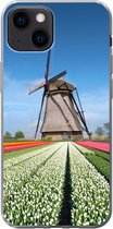 Geschikt voor iPhone 13 mini hoesje - Molen tussen de tulpen in Nederland - Siliconen Telefoonhoesje