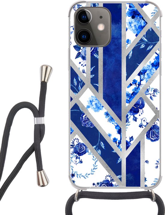 Coque avec cordon iPhone 12 - Bleu de Delft - Design - Luxe - Siliconen - Bandoulière - Coque arrière avec cordon - Coque pour téléphone avec cordon - Coque avec corde