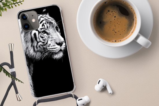 Telefoonhoesje Geschikt voor iPhone 12 - Tijger - Wilde dieren - Licht - Siliconen - Crossbody - Backcover met Koord - Telefoonhoesje met koord - Hoesje met touw Telefoonhoesje