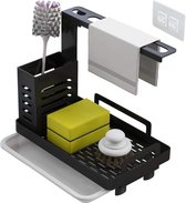 DiverseGoods Keukenorganizer, wasbakorganizer, nette keuken, sponshouder voor aanrecht, zonder te boren, gootsteenaccessoires, borstelhouder met afvoerbakje en doekenrekje (zwart)