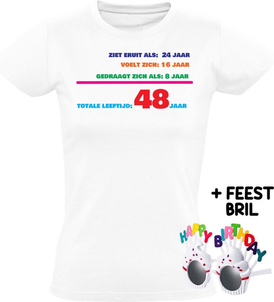 Totale leeftijd 48 Dames T-shirt met Bril leeftijd verjaardag