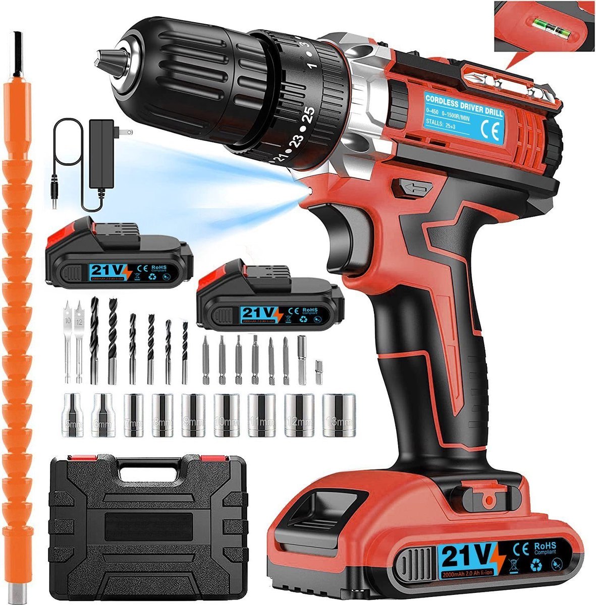 JOEAIS Akku-schroevendraaierset Accuboormachine Slagboor-schroevendraaier Boorschroevendraaier 1200 00 tpm Accuboormachine met werklicht Snellader en waterpas Universele boor 2*21 V batterijen 45 Nm koppel 2 versnellingen Rood