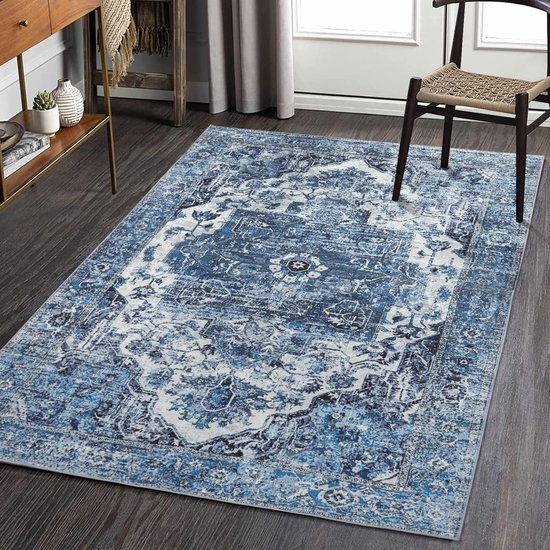 Wasbaar vintage tapijt in boho-stijl, 120 x 170 cm, antislip, vuilafstotend, voor binnen, voor woonkamer, slaapkamer, thuiskantoor, blauw