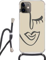 Hoesje met koord Geschikt voor iPhone 12 Mini - Vrouw - Gezicht - Kunst - Siliconen - Crossbody - Backcover met Koord - Telefoonhoesje met koord - Hoesje met touw
