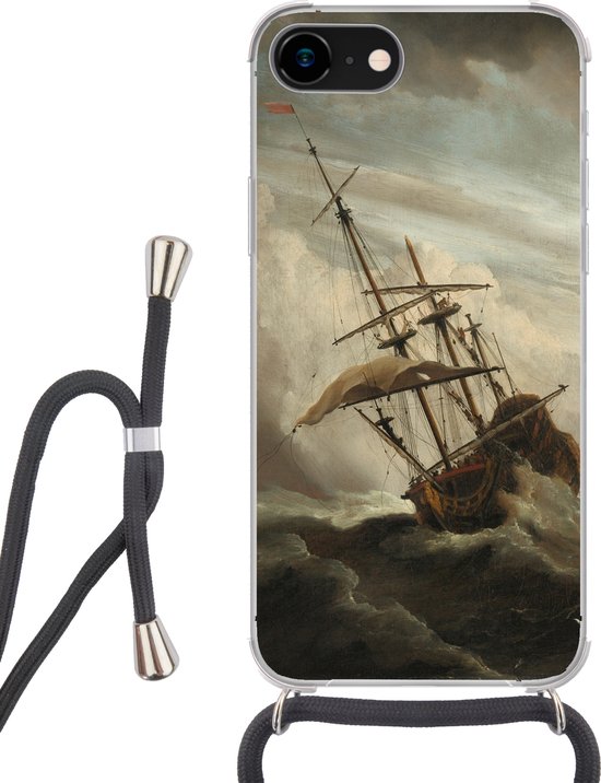 Foto: Hoesje met koord geschikt voor iphone 8 een schip in volle zee bij vliegende storm schilderij van willem van de velde siliconen crossbody backcover met koord telefoonhoesje met koord hoesje met touw