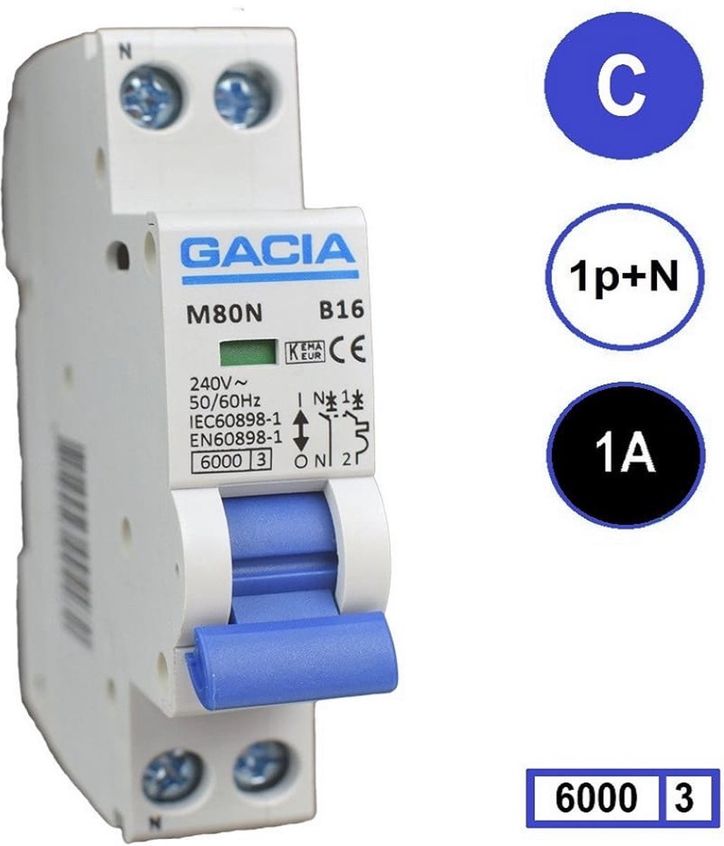 Gacia installatieautomaat 1P+N C1 6KA - M80N-C01
