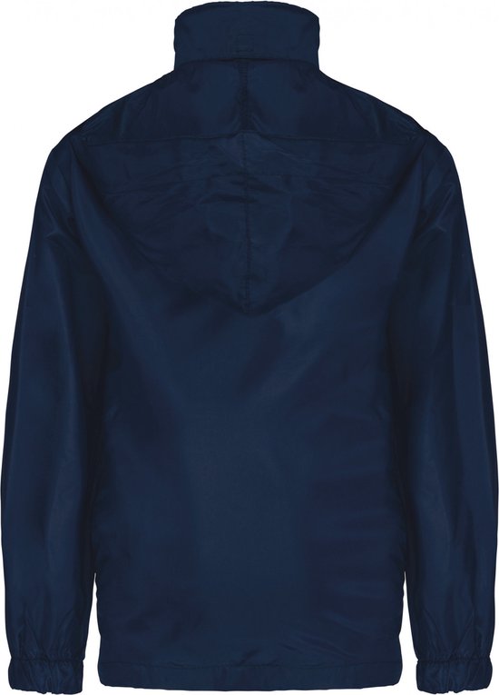 Navy Kariban kinderwindjack, achterkant met kap en elastische boorden.