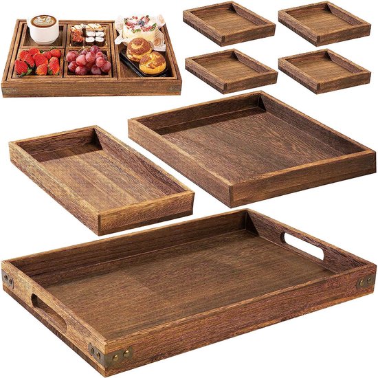 houten dienblad met handgrepen rechthoekig voor servies, drankjes, ontbijtblad, dienblad, feestreceptie of decoratief dienblad