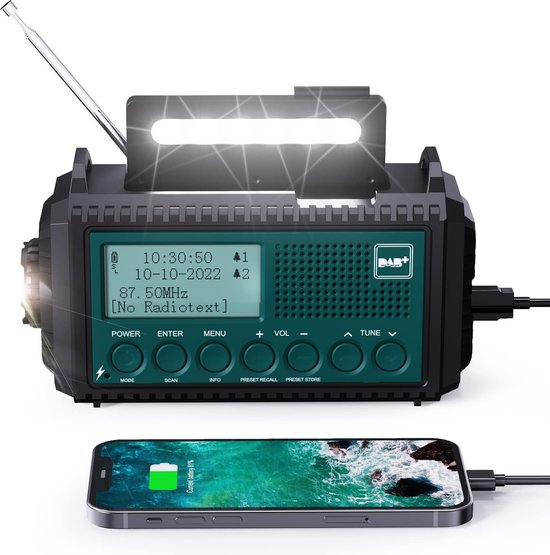 Crankradio dab/fm met batterij 5000mah, draagbare zonne-radio met led-zaklamp...