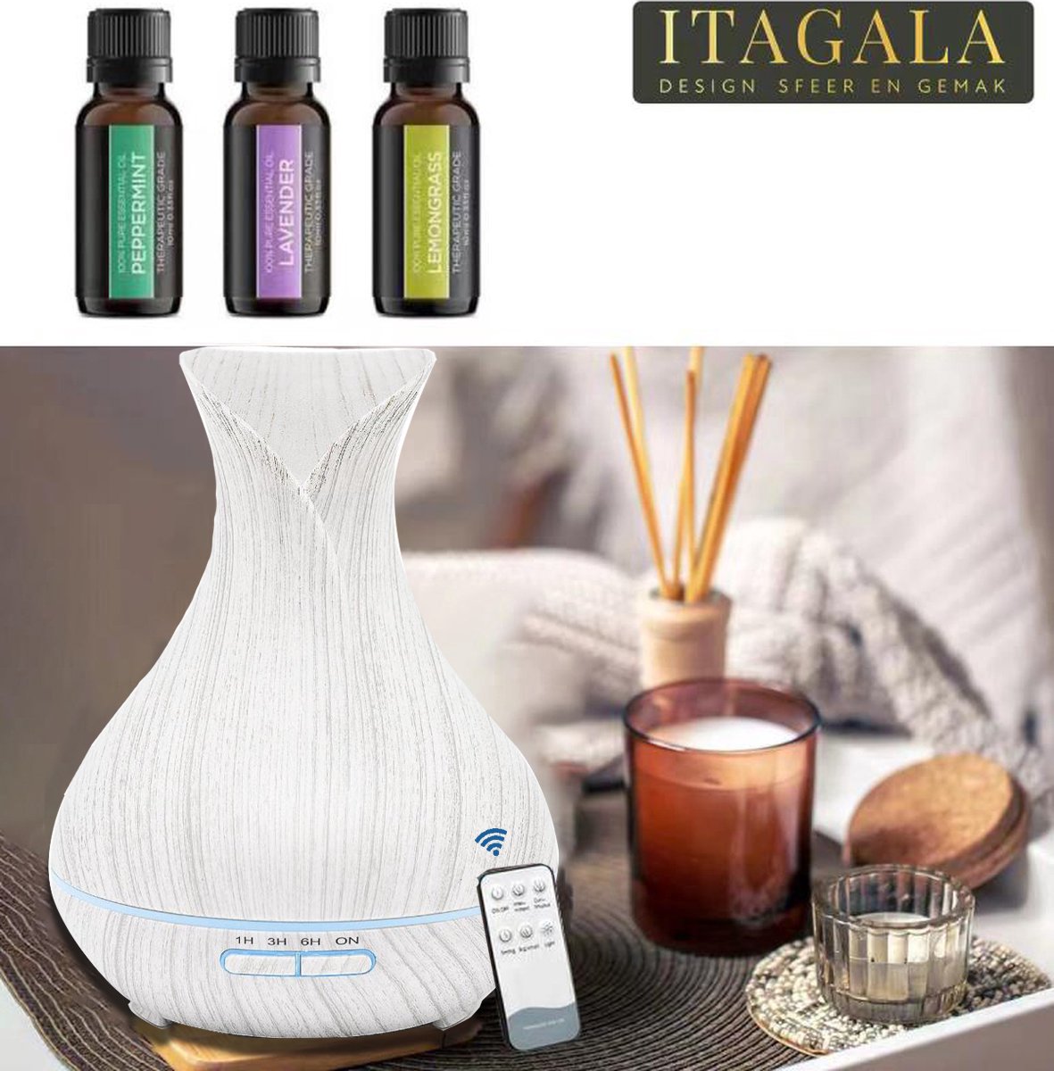 Goedkoopste Itagala Geurverspreiders | Aroma diffuser Vaas | Aromatherapie | Ultrasone etherische olie verdamper en vernevelaar | 550ml | Luchtverfrisser en luchtbevochtiger met verlichting | Met afstandsbediening |White
