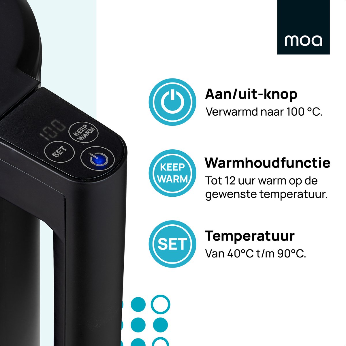 MOA Waterkoker met Temperatuurregeling - 1,7 Liter - Dubbelwandig - PFAS- & BPA-vrij - Warmhoudfunctie - Elektrische Waterkoker - 2200W - Zwart — afbeelding 3