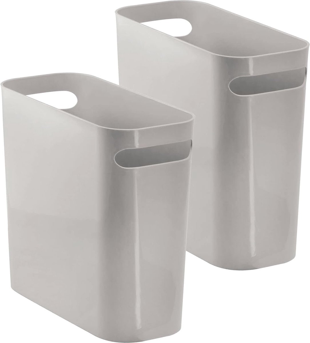 Vuilnisbak met handgrepen, ideaal als afvalbak of prullenbak voor keuken, badkamer of kantoor, hoekige emmer zonder deksel, van robuuste kunststof, inhoud 5,7 liter, set van 2, grijs