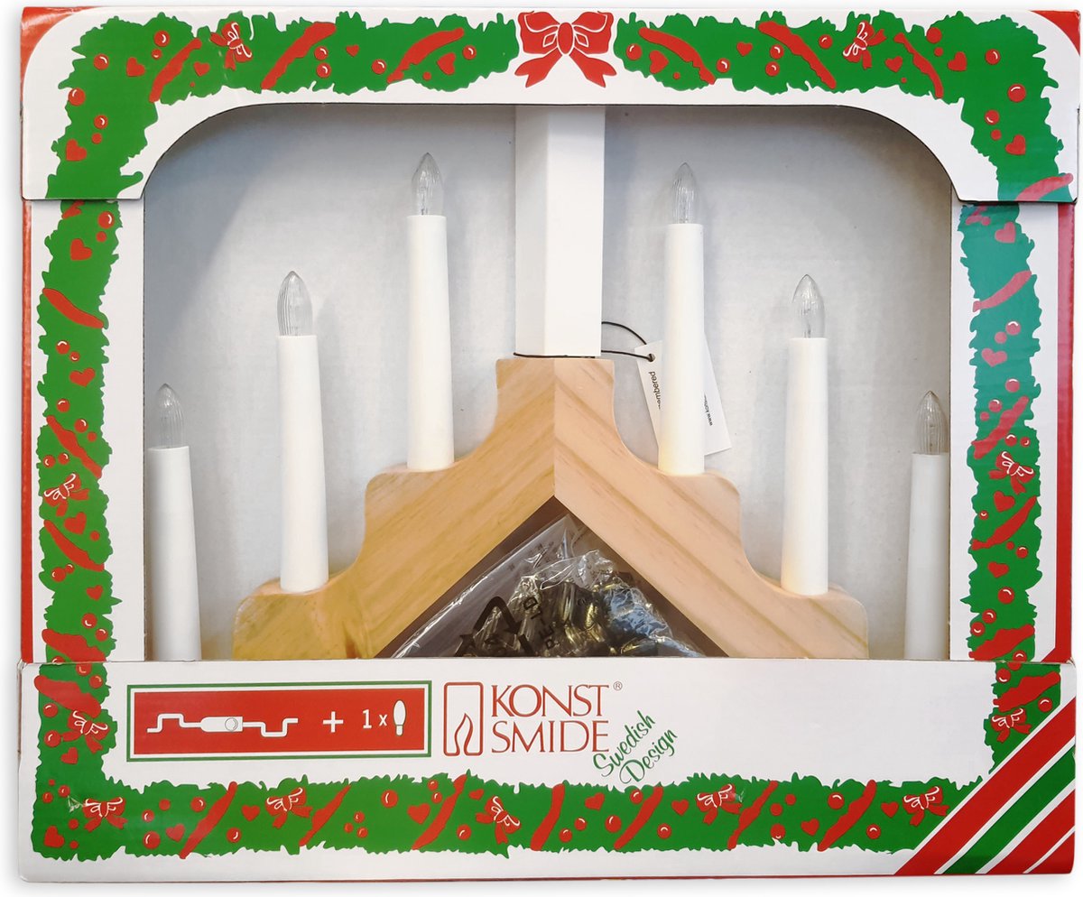 Houten Kerstkandelaar voor binnen - 7 kaarsen - 2700K warm wit - Hout met groen - Kaarsenbrug met 7 lampen - 30 x 38 cm - Kerstverlichting – foto 6