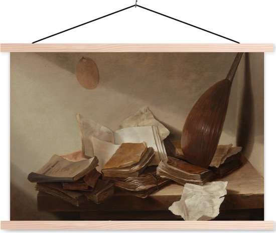Posterhanger incl. Poster - Schoolplaat - Stilleven met boeken - Schilderij van Jan Davidsz. de Heem - 150x100 cm - Blanke latten